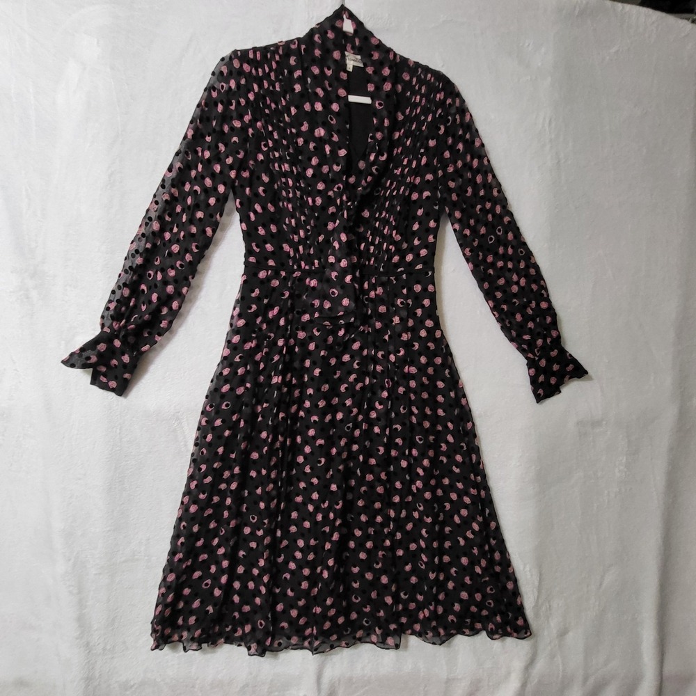 Diane Von Furstenberg Dress Womens 4 Black Pink Polka Dot‎ Long Sleeve Fit Flare
